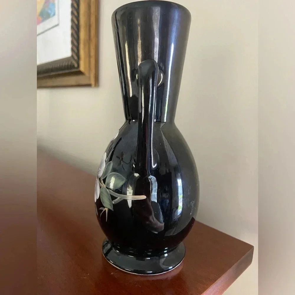 🩵 Black Glaze Pottery 2 Handle Vase with Hand painted Flowers